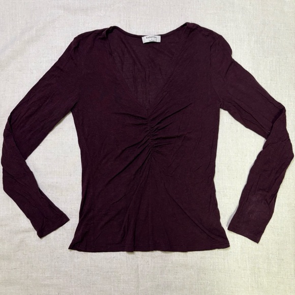 Babaton Womens Small Wool Rayon Blend Purple Ruched Long Sleeve T-Shirt Stretch - Picture 1 of 8